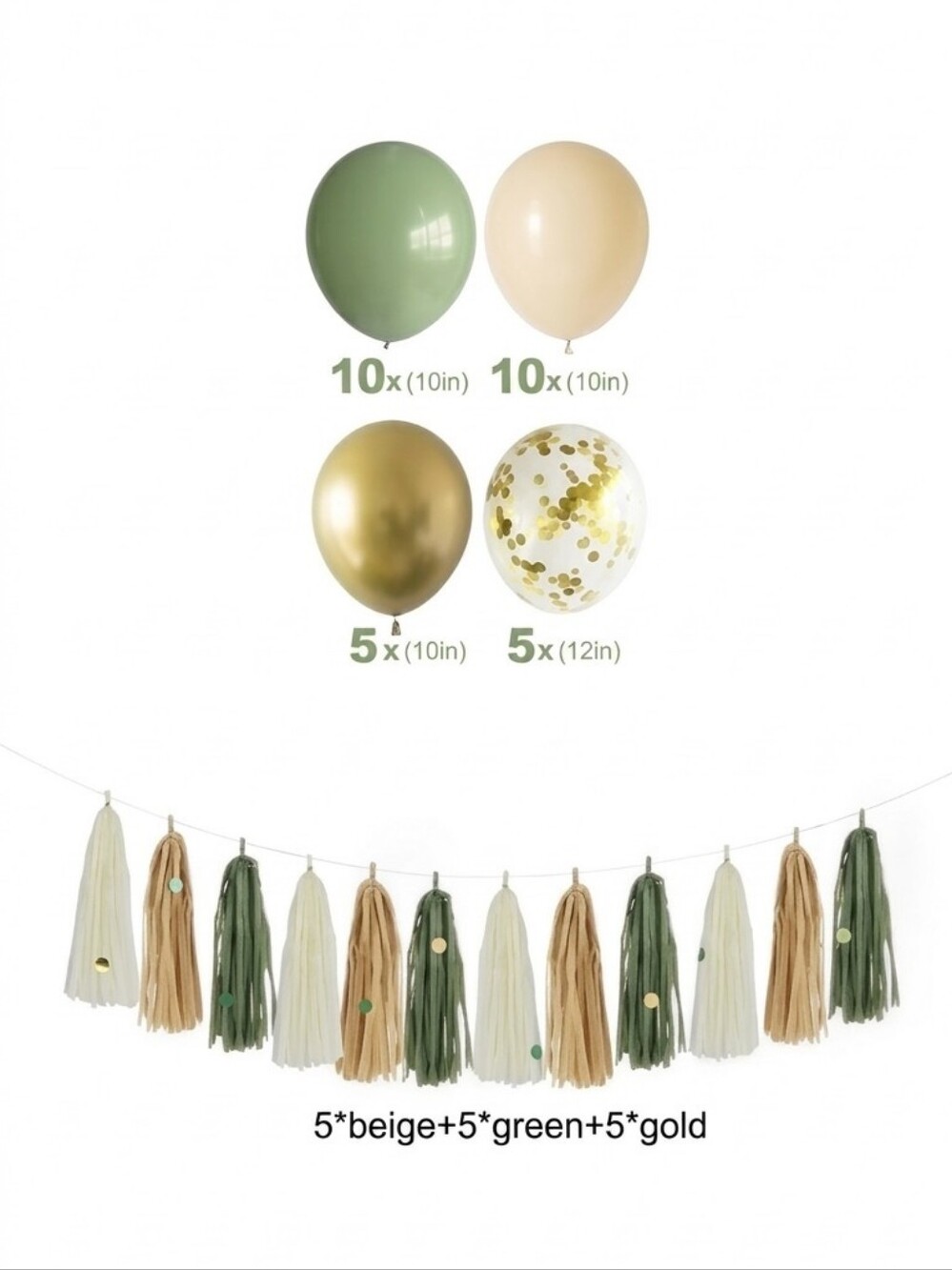 Sage Green & Gold Balloons & Tassel Garland Party Decor
